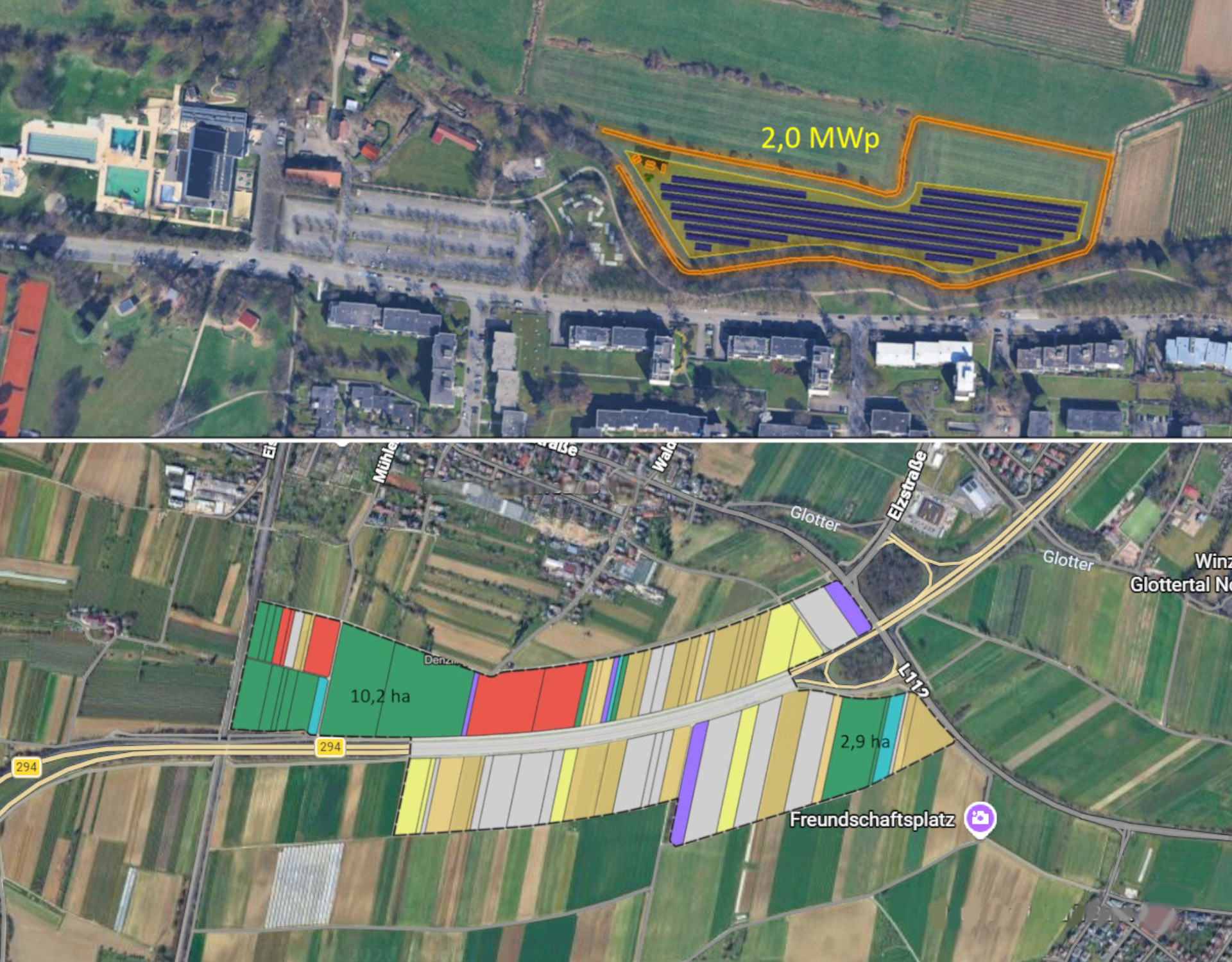 Übersichtsplan des geplanten Solarparks in Denzlingen – Bereich Öbermatten und B294